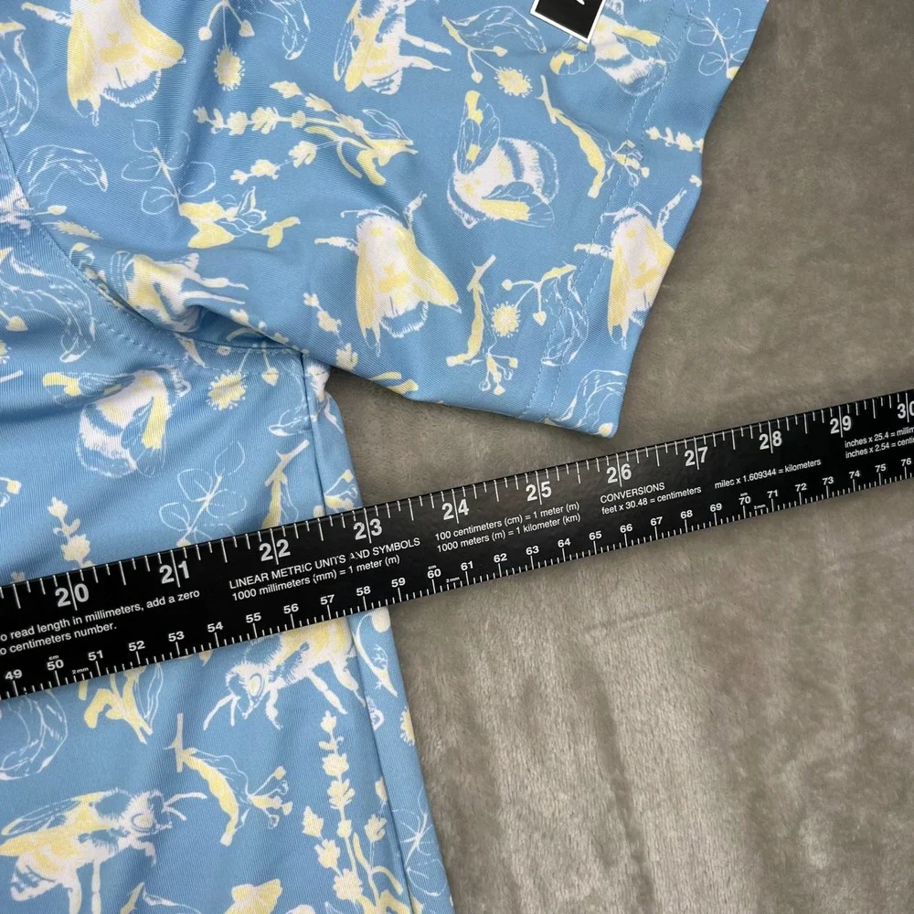 Waggle Buzzin Polo Shirt Men XL Blue Yellow Bee Floral Print Performance Stretch - Picture 9 of 9